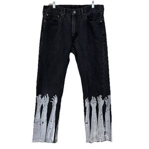 LEVI'S 505 Hand Painted‎ Drip Hands 32x28 Raw Hem Jeans Grunge Punk 🖤🧟‍♂️